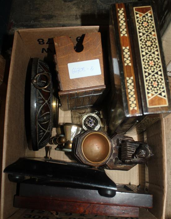 Coromandel inkwell, barometer, inlaid box and 2 frames
